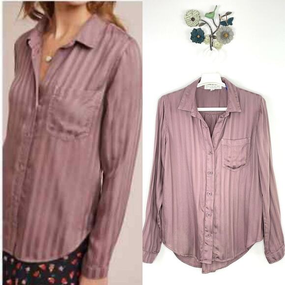 Anthropologie Cloth & Stone Mauve Striped Button Blouse Long Sleeve Size Small - Picture 8 of 9